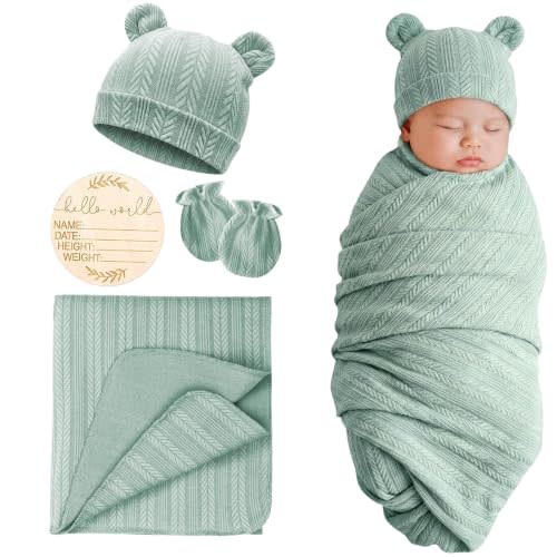 DRESHOW BQUBO Newborn Receiving Blankets for Baby Girl Boy Swaddle with Bear Hat No Scratch Mittens Announcement Card Set for 0-3 Months