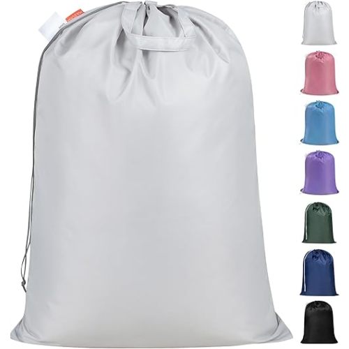 Polecasa Extra Heavy Duty Large Laundry Bag with Sturdy Handles, ID Tag & Drawstring Closure, 28 x 36 inches Durable Storage Bags, Laundry Accessory for Basket, Hamper, College, Dorm, Travel, Silver