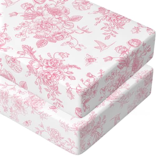 2 Pack Pink Vintage Floral Crib Sheet Set for Baby Girl, Soft Breathable Fitted Coquette Crib Sheet 28 x 52 in, Chinoiserie Nursery Decor for Standard Crib and Toddler Bed Mattresses