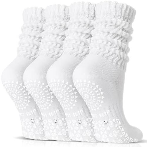 Sandsuced Pilates Slouch Socks with Grips Non Slip Yoga Socks Winter Warm Cozy Scrunch Boot Crew Slipper 4 Pairs for Women