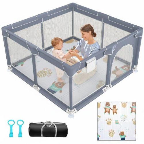 Suposeu Soft Padded Baby Playpen With Mat,Safe And Sturdy Design,Breathable Mesh,Portable For Indoor And Outdoor Use,Grey