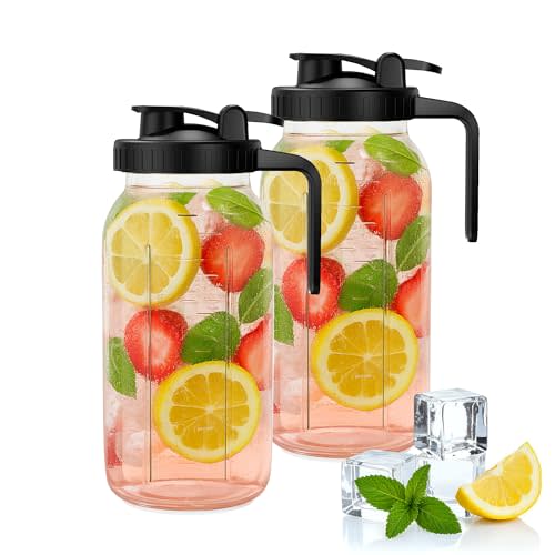 64oz Mason Jar Pitcher - Airtight & Leakproof Glass Pitchers with Handle and Lid, Perfect for Breastmilk, Cold Brew and Sun Tea for Outside,2 Quart Mason Jar with Pour Spout Lid,1/2 Gallon Water Jug