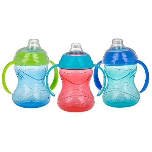 Nuby Clik-It Grip N' Sip Soft Spout No-Spill Training Sippy Cup with Handles - (3-Pack) 10 oz - 4+ Months - Blue/Green/Red