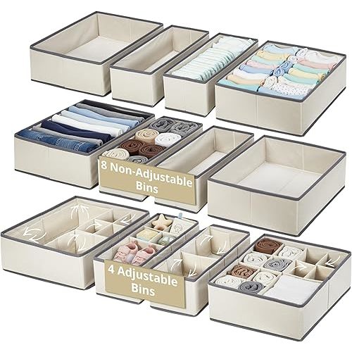 DECOMOMO Drawer Organizer for Baby – Clothes Organizer & Storage Dividers for Nursery, Storage Bins for Underwear, Bra, Socks, Diapers & Newborn Essentials (Beige, 12pcs)