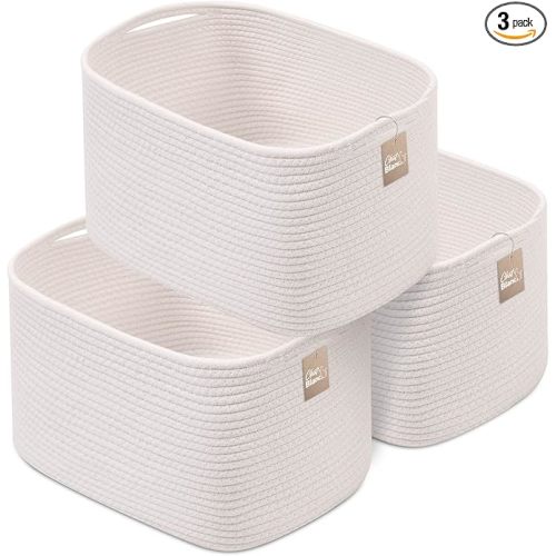 CHAT BLANC Cotton Rope Baskets for Organizing | Storage Baskets for Shelves | Rope Basket for Storage, Small Laundry Baskets, Woven Baskets for Storage, Dog Toy Bin, Baby Basket, Creamy White 3 Pack