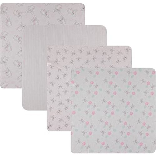 Disney Baby 4-Pack Receiving Blankets — 100% Cotton Flannel, 28" x 28" — Available in Mickey, Minnie, Pooh, Stitch or Angel — Soft Swaddle, Burp & Stroller Blankets — Gift-Ready with Ribbon Bow