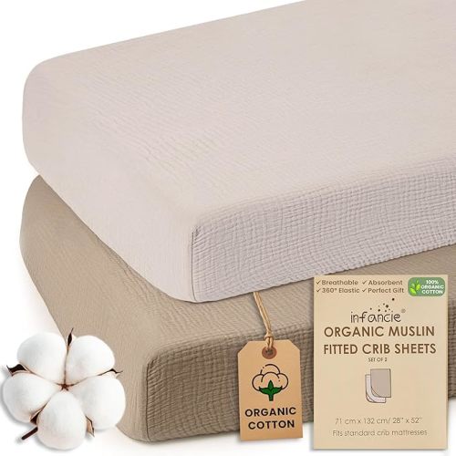 100% Organic Cotton Muslin Crib Sheets (Set of 2) – Soft & Breathable Fitted Sheets for Boys and Girls, Neutral Colors – Fits Standard Baby Crib Mattress (28 x 52 Inches) Olive/Ivory