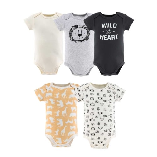 5 Pc Short Sleeve Bodysuits Safari Faces, 9-12 Months