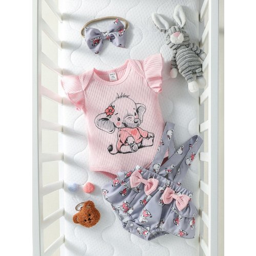 SHEIN Baby Girl Cartoon Graphic Ruffle Trim Bodysuit & Bow Front Suspender Shorts & Headband | SHEIN USA