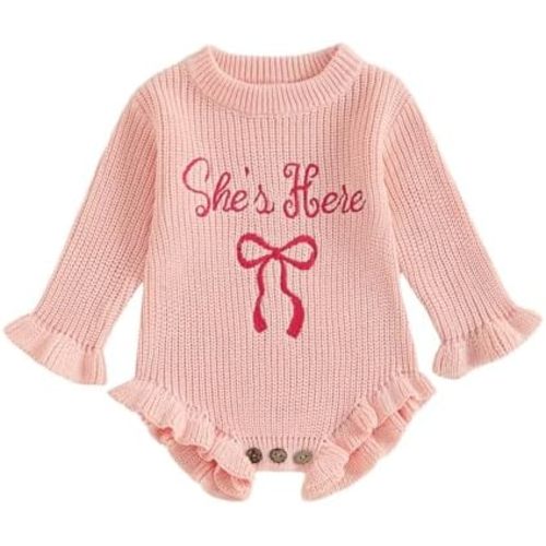 Muineobuka Newborn Baby Girl Sweater Romper She's Here Embroidery Long Sleeve Ruffle Chunky Knit Bodysuit Fall Winter Clothes