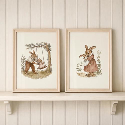 Bunny Nursery Wall Art: Set of 2 Neutral Baby Girl Rabbit Nursery Prints | Girls Room Decor | Beatrix Style Bunny Illustration