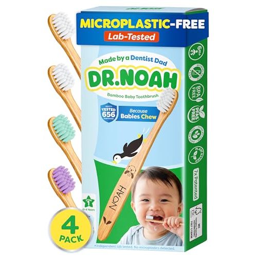Dr. Noah Microplastic-Free Bamboo Baby Toothbrush | Dentist Designed | 656 Substances Safety Tested | BPA, PFAS & Phthalate Free | 4 Pack |Soft Bristles | Infant to Toddler, 6-12 Months, Age 2-4 Kids