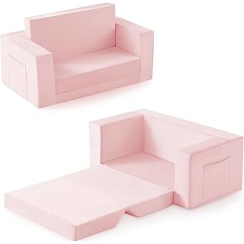 Kids Couch, 2-in-1 Toddler Chair Comfy 1-3 Years, Convertible Kids Chair, Toddler Couch That Fold Out, Kid Lounge Chairs for Boys and Girls Gifts, Kids Recliner, Double, Pink