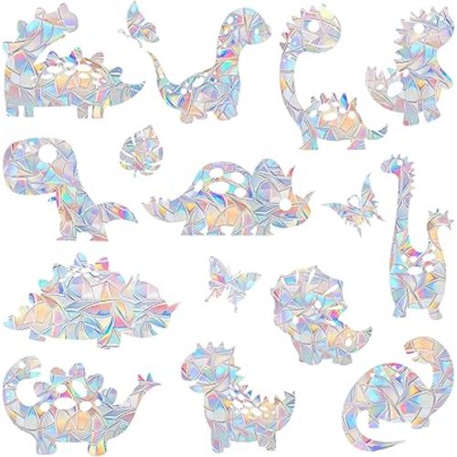 Dinosaur Window Clings for Bird Strickes - Anti-Collision Window Decals to Save Birds from Window Collisions,Non Adhesive Prismatic Window Clings, Rainbow Stickers (16PCS)