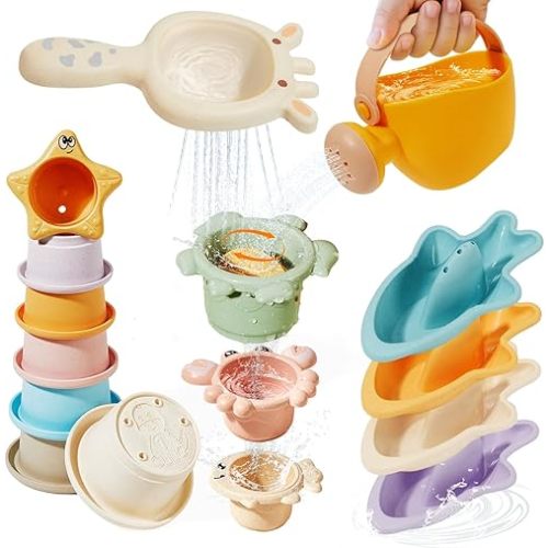 Baby Bath Toys for Kids Ages 1-3, 16PCS Mold Free Bath Toys for Toddler 2-4 & Babies 6-12-18 Months Bath Cups Watering Can with Storage Bag Montessori Bathtub Sand Pool Water Toys for 1+ Years Old