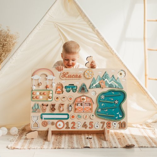 Woodland Busy Board, Custom Board 1 2 3 Year Old, Baby Boy Gift, Personalized Montessori Board, Wooden Toddler Toys, Christmas Gift For Kids