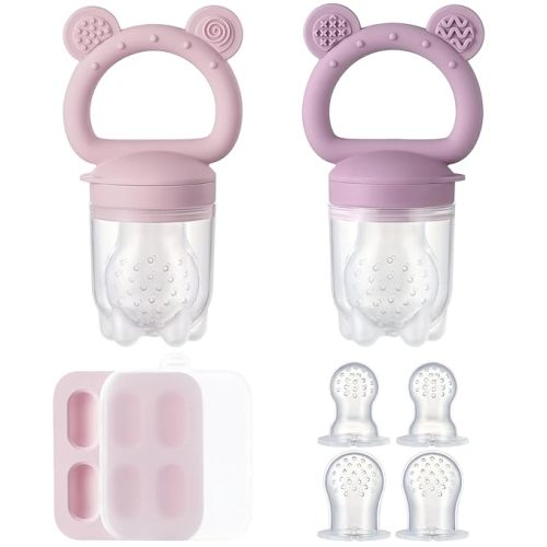 2 Pack Silicone Baby Fruit Feeder with Mini Freezer Tray, Breastmilk Popsicle Molds for Infant Teething Relief, Baby Teethers, Fresh Food Feeder for Safe Infant Self Feeding - Purple