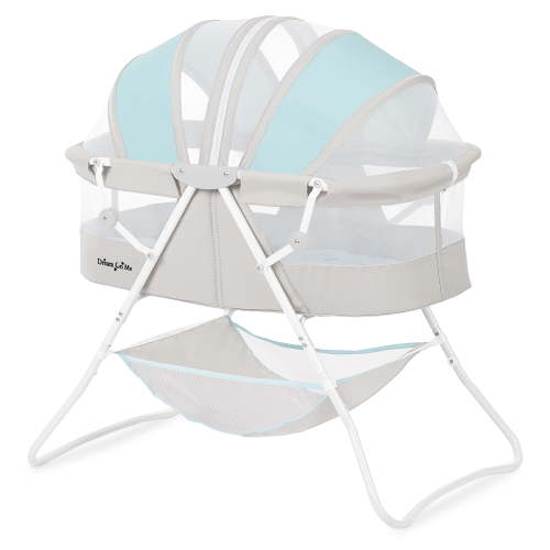 Dream On Me Karley Bassinet in Blue and Grey, Quick Fold and Easy to Carry, Large Storage Basket