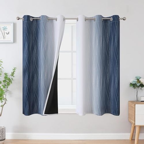 Estelar Textiler Navy Blue and Greyish White Blackout Curtains 54 Inch Length, Light Blocking Gradient Grommet Drapes for Kitchen, Thermal Insulated Ombre Curtains for Bathroom,42Wx54L,2 Panels