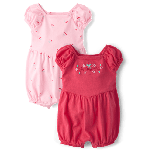 Baby Girls Embroidered Cherry Bubble Romper 2-Pack - Pink
