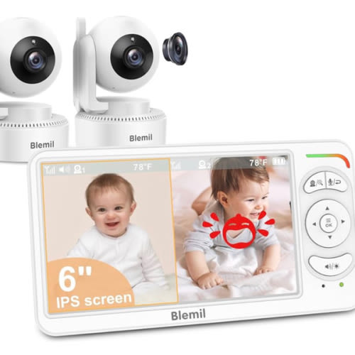 Blemil 6" Baby Monitor with 2 Cameras 4000mAh Battery Upgrade Split Screen Video Baby Monitor No WiFi Remote Pan-Tilt-Zoom Auto-Night Vision 150 Languages ECO Mode 2-Way Talk 1000FT (Ideal Condition)