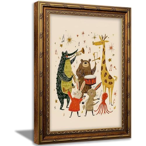 Vintage Gold Framed Wall Art Funny Animal Band Nursery Painting Canvas Prints Whimsical Jungle Animal Picture Wall Decor Cute Kids Music Poster Artwork for Baby Room Playroom Living Room