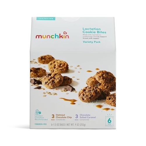 Munchkin Lactation Cookie Bites Variety Pack - Helps Increase Milk Supply for Nursing/Breastfeeding/Pumping Moms, 3 Oatmeal Chocolate Chip, 3 Chocolate Salted Caramel, 6 Pack