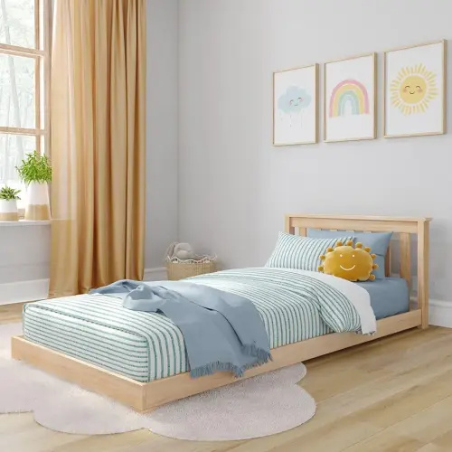 Max & Lily Classic Twin Floor Bed, 79.75 Inches, Solid Wood Low Bed Frame for Kids, Modern Floor Bed for Bedroom, Blonde