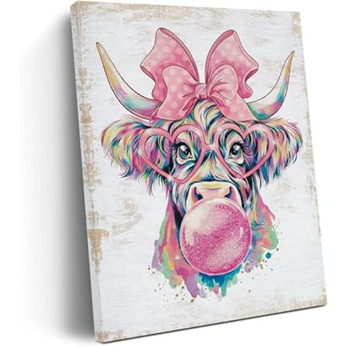 Henhesaha Coquette Highland Cow Decor Canvas Wall Art Wall Decor, Retro Cute Cow Prints Framed Poster Artwork for Office Home Bedroom Nursery Farmhouse Living Room Bathroom Girls Room,11.4x15IN