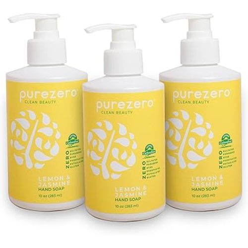 Purezero Lemon & Jasmine Hand Soap Refreshing Citrus Scent, Moisturizing & Sulfate-Free, Vegan Liquid Hand Wash, Formulated Without Parabens, Cruelty-Free, 10 ounces (3 Pack)
