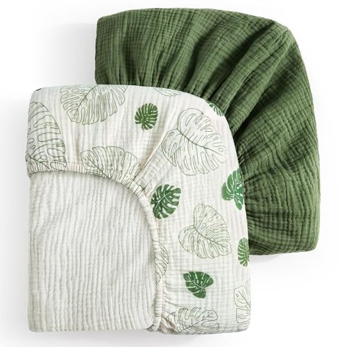 Blissful Diary Muslin Crib Sheets, 2 Pack, Monstera & Dark Green