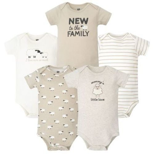 Hudson Baby Infant Cotton Bodysuits 5-Pack, Taupe Sheep, 6-9 Months