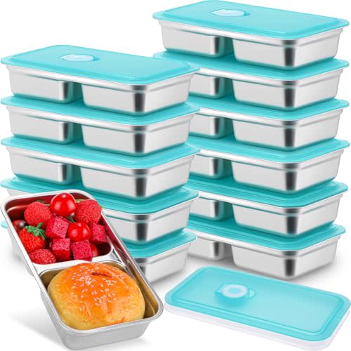 Teenyyou 12 Pcs Stainless Steel Snack Containers 30 oz 2-compartment Meal Prep Containers Reusable Metal Divided Bento Box with Silicone Lids Leakproof Lunch Box Dishwasher Safe (Blue)