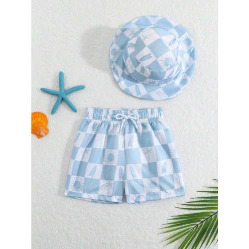 SHEIN Infant Baby Boy 2pcs Beach Outfit, Plaid Printed Beach Shorts With Sunhat, Baby Boys Beach Outfits | SHEIN USA