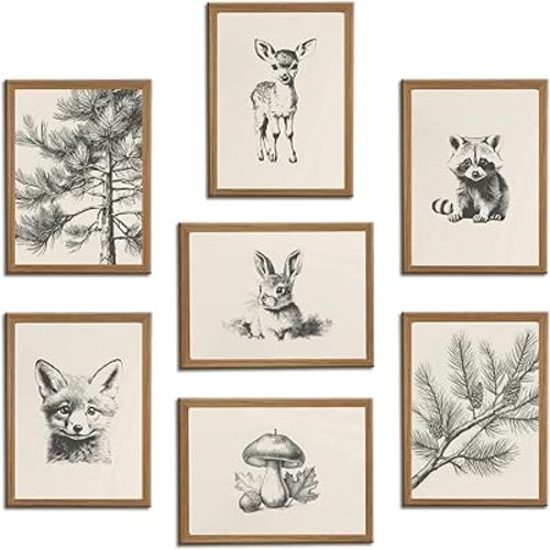 HDXUFJQ Wood Framed Neutral Nursery Wall Art Woodland Animal Canvas Wall Decor Forest Animal Themed Sketch Pictures Prints Vintage Rustic Baby Kids Boys Girls Room Home Paintings Decor（8"x10"）