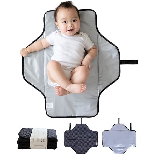 Baby Changing Pad Portable, Diaper Changing Mat with Magnetic Latches, Waterproof Travel Pad for Diaper Bag, Newborn Essentials, Gift for Baby Shower and Registry (Black Twill, Large)