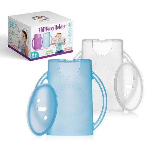 Flipping Holder Squeeze Proof Food Pouch Holder for Toddlers, Babies, Kids, Mess Free No Squeeze Juice Box Drink and Applesauce Snack Holder with Easy Grip Handles and Lid