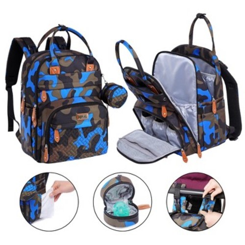 BabbleRoo Diaper Bag Backpack Stylish 26L Hands Free Baby Bag with Changing Pad, Stroller Straps & Water-Resistant Pañaleras, Camo Blue, Large