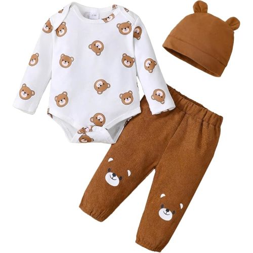KIMI BEAR 0-3 Month Baby Boy Clothes Romper + Hat + Pants Set