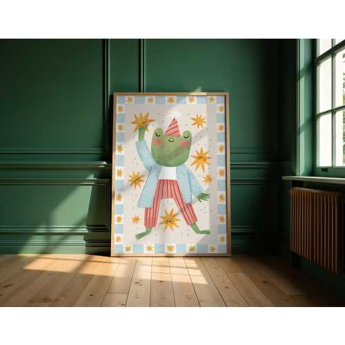 Frog With Stars: Kids' Room Art Print, Colorful Unique Playroom Wall Decor