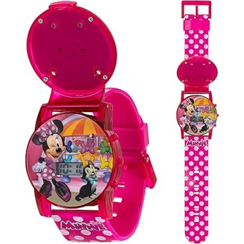 Disney Minnie Mouse Kids Flashing Musical Watch with Sound Effects, Colorful LED Lights, Interactive Flip Cover, Easy Digital Time Display, Adjustable Pink Polka Dot Strap, Fits Wrists 5.5" to 8"