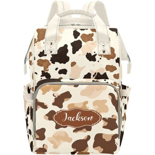 Custom Diaper Bag Backpack for Women, Personalized Name Nursing Mommy Daypack, Diaper Bag for Girls Boys, New Mom Gifts (Cow Print)
