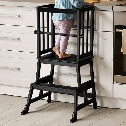 COSYLAND Kids Kitchen Step Stool Helper Baby and Toddler Multi-Function Step up Nursery Helper Stand with Safety Rail in Natural Bamboo, Strong and Lightweight 1.5-3 Years (Black)