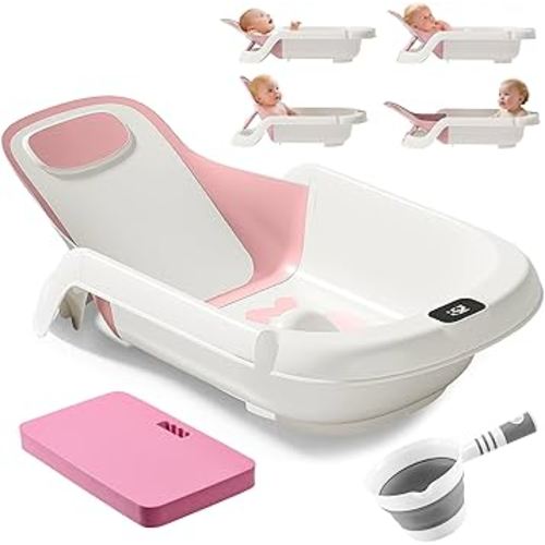 Baby Bathtub for Newborn to Toddler, Reclining Newborn Bathtub, Adjustable Baby Tub with Thermometer, Bath Kneeler Pad & Clean Rinse Cup, 0-36 Months (Pink)