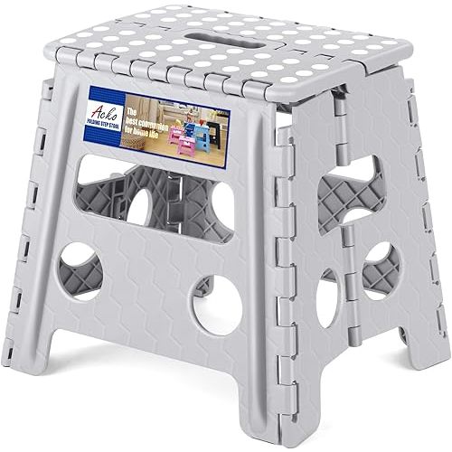 ACKO Folding Step Stool Foldable Stool 13 inch Plastic Stools for Kids and Adults Up to 300 lbs,Stepping Foot Stool with Portable Handle for Kitchen Closet Bedroom (Grey)