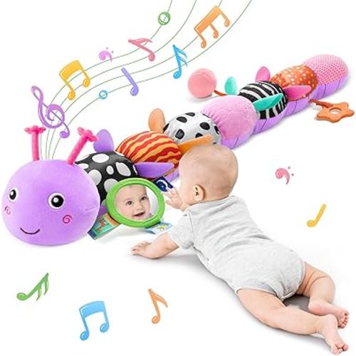 Baby Sensory Musical Caterpillar Plush Toy, Soft Stuffed Animal with Mirror Crinkle Paper Rattle Teether, Tummy Time Play Toy for 0-12 Months Newborn Infant for Boys Girls, Purple
