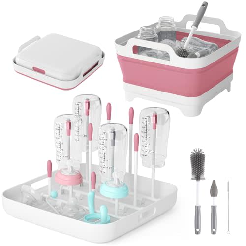 Volnamal Collapsible Wash Basin with Drying Rack & Drain Plug (Pink) | Portable 2.4 Gal Dish Tub, Foldable Basin for Baby Bottle, Vegetable, Camping Sink, Kitchen, RV, Camp, Outdoor Space-Saving