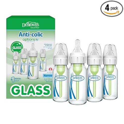 Dr. Brown's Anti-Colic Options+ Narrow Glass Baby Bottle with Level 1 Slow Flow Nipple, BPA-Free, 4 oz/120mL, 4-Pack