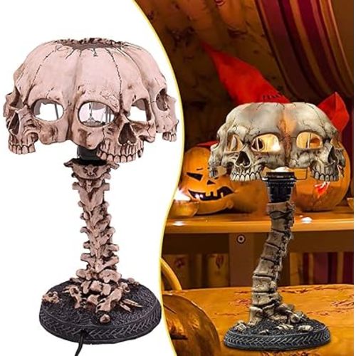 3D Light Up Skeleton Lamp, 4 Head Skull Table Lamp LED Retro Night Light Halloween Industrial Style Horror Lamp Decoration