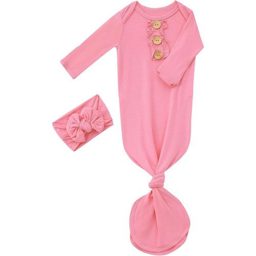 Newborn Baby Girls Knotted Gown Headbands Set Soft Viscose from Bamboo Infant Sleeper Baby Sleep Gown with Mittens